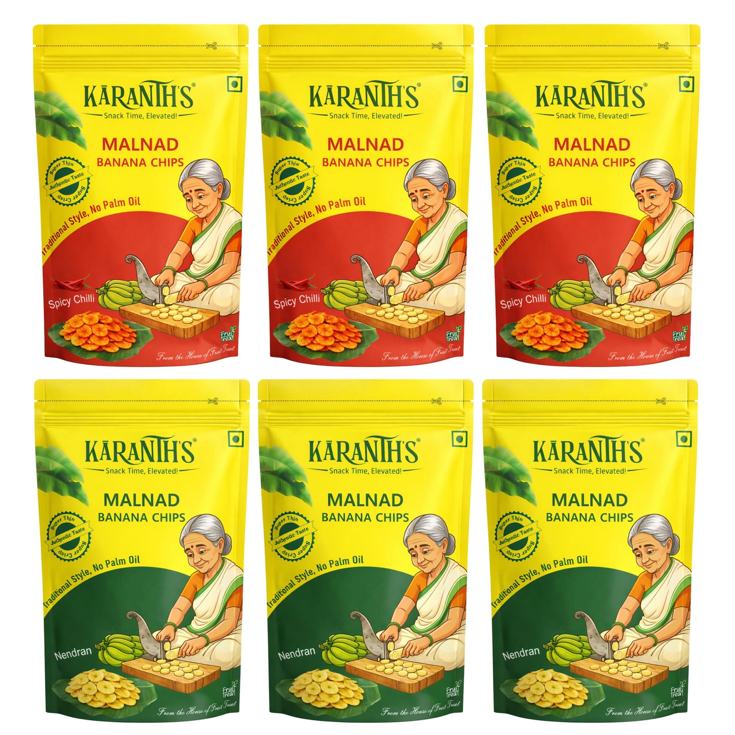 Karanth's Malnad Banana Chips Combo Pack (Pack of 6) Classic & Chilli- 70 gms