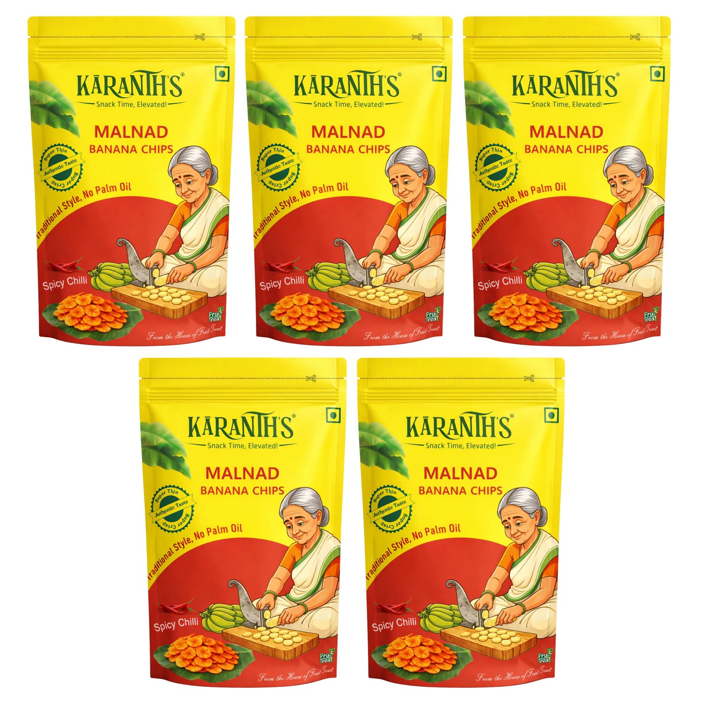 Karanth's Malnad Banana Chips Chilli (Pack of 5)– Robusta, Crunchy, Homestyle- 70 gms