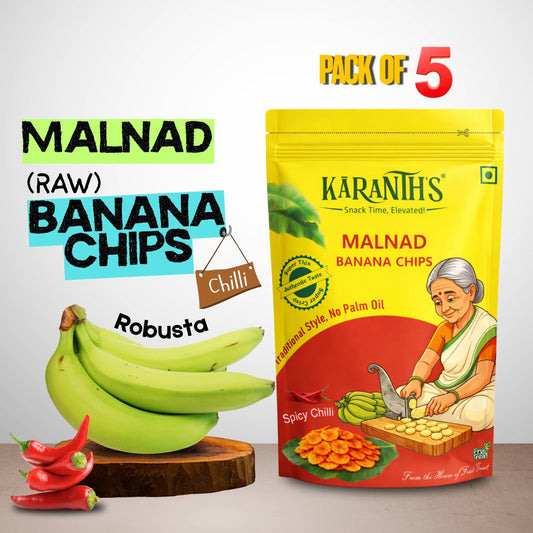 Karanth's Malnad Banana Chips Chilli (Pack of 5)– Robusta, Crunchy, Homestyle- 70 gms